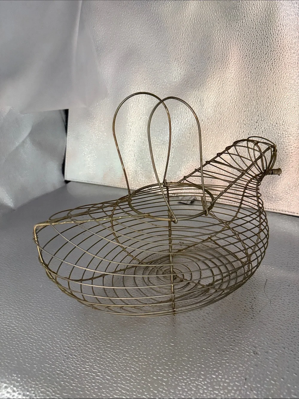 Vintage Bird Silhouette Gold Wire Basket  with dual loop Handles